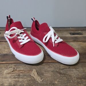Tommy Hilfiger Gessie Classic Red and White Stretch Knit Slip On Sneakers. 8M